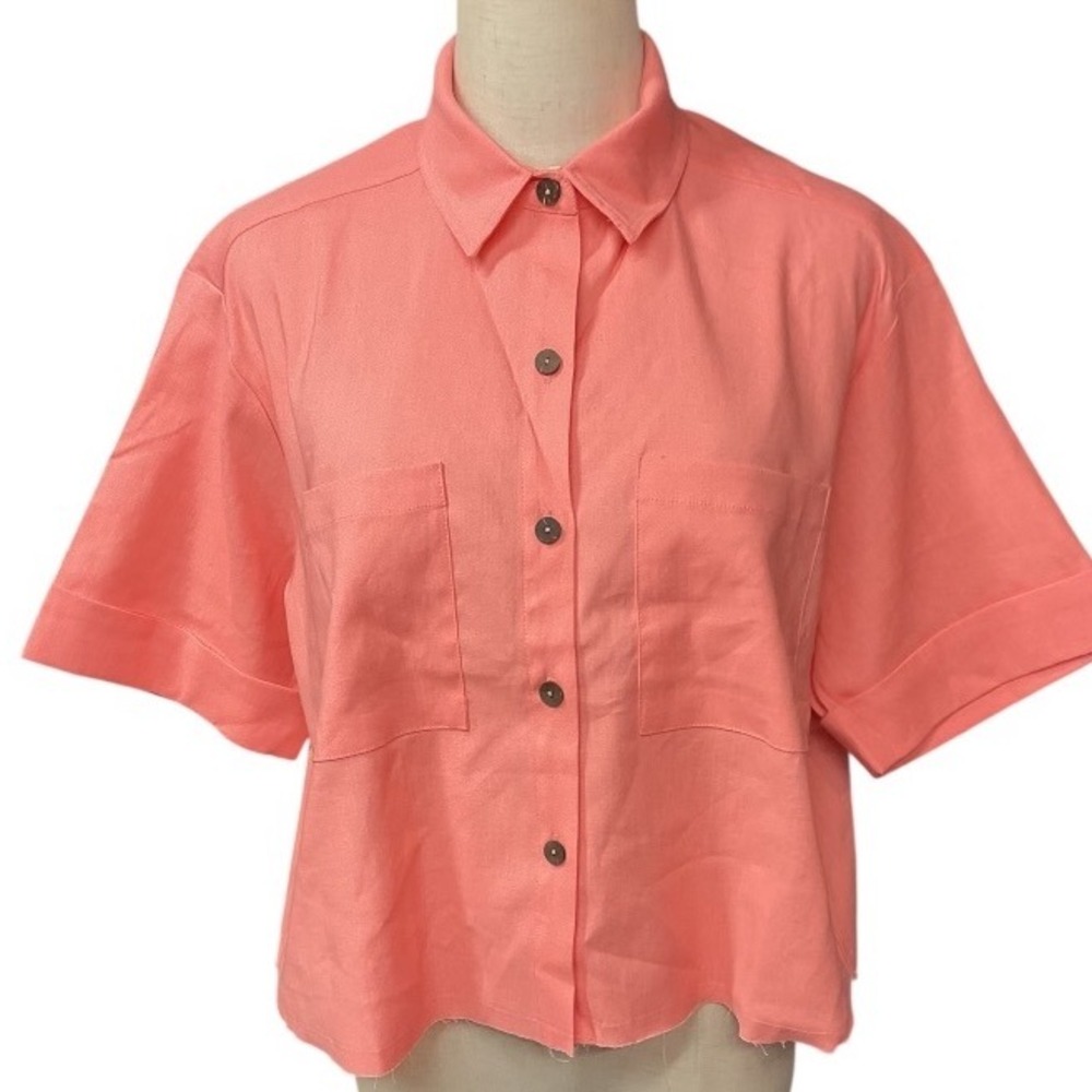 Shore‎ Women's Short Sleeve Collared Button Down Shirt Pink Corral Size M NWT